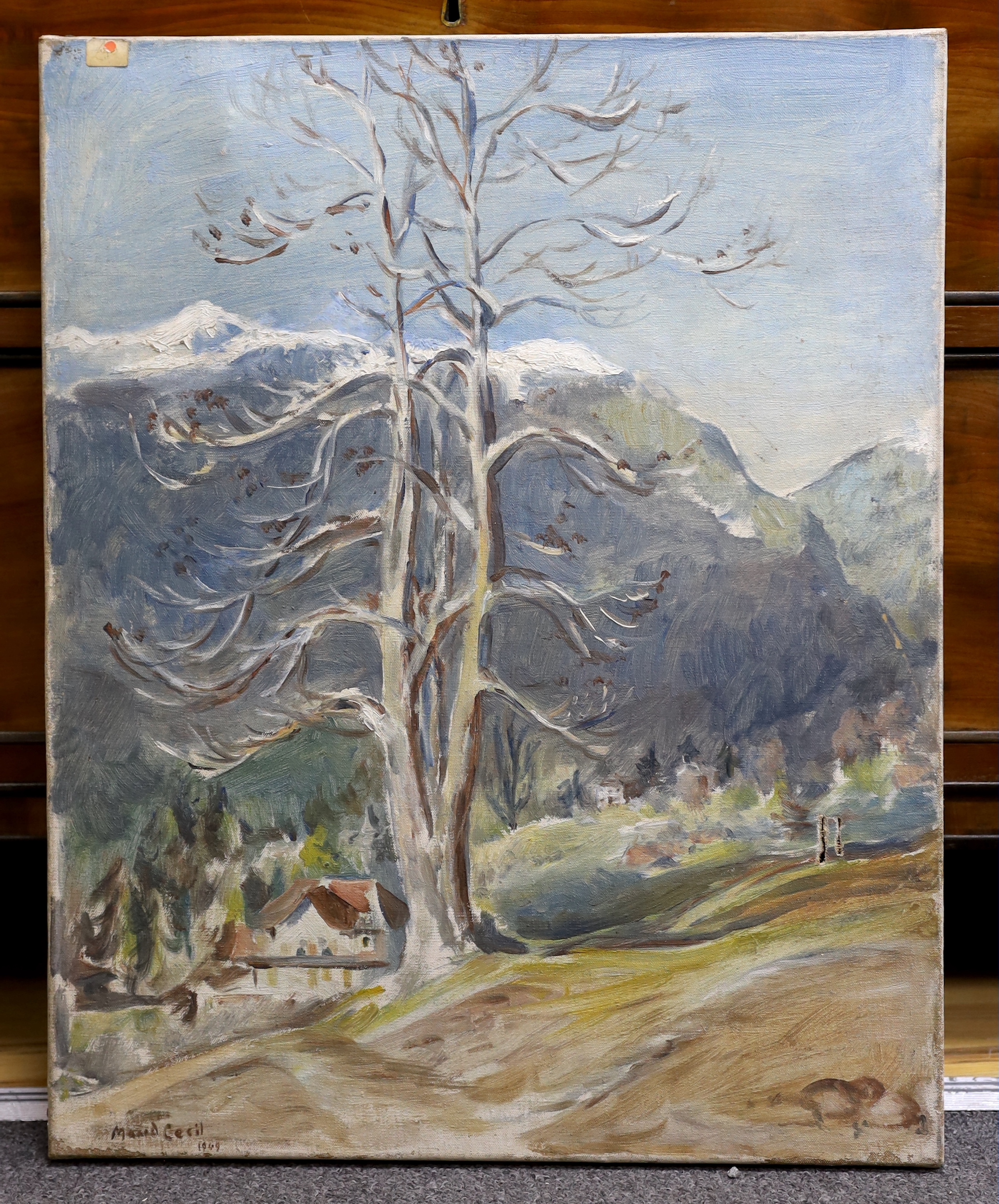 Hon. Maud Cecil (1904-1981), oil on canvas, Swiss mountainous landscape with chalets, signed and dated 1949, 50 x 40cm, unframed